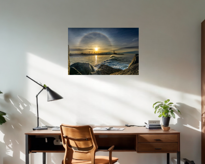 Home office with wooden desk, chair, and wall art of a sunset over water.